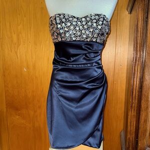 B-SMART Silk Strapless Formal DressTulip Skirt with Beaded Silver Sparkle Bodice